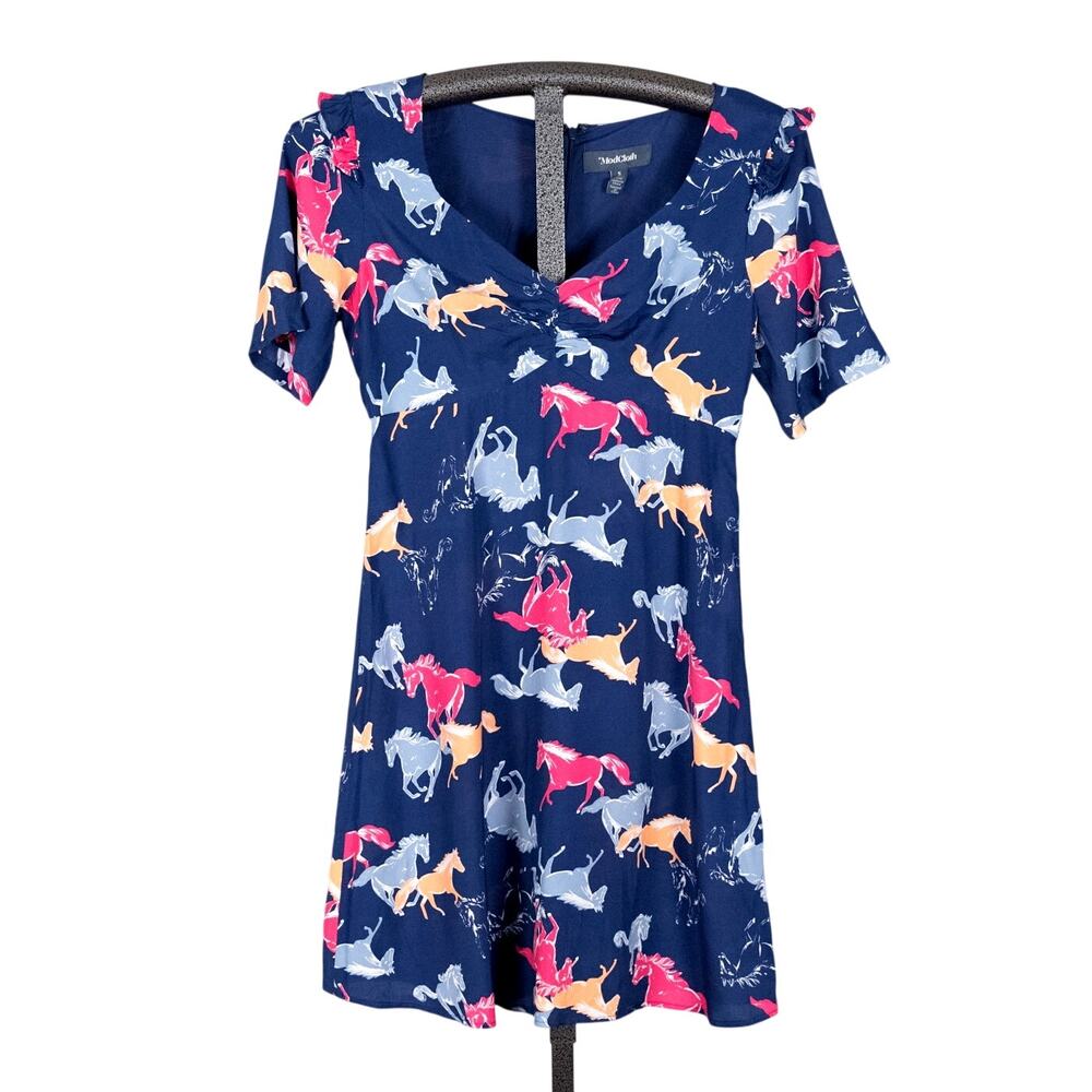 ModCloth Neon Stampede AO Horse Pony Mini Dress SMALL Western Rodeo Equestrian - Picture 1 of 6